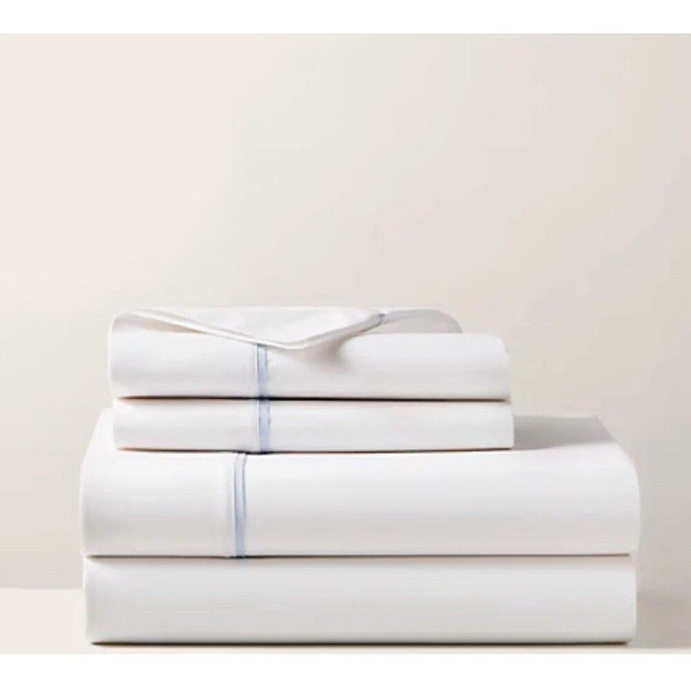 Ralph Lauren Organic Cotton Percale Palmer Queen Flat Sheet $175 White/Sky Blue
